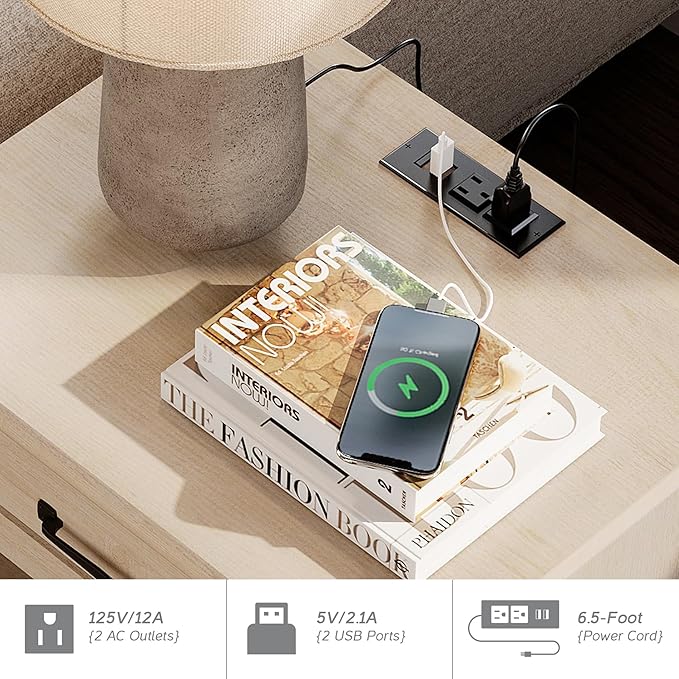 WAMPAT 3 Piece Bedroom Set - Includes Mid Century Dresser with 6 Drawers, Set of 2 Bedside Tables with Charging Station, 3 Piece Dresser and Nightstand Sets, Beige