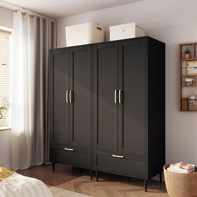 Gyger Wardrobe Closet with Drawer, Armoires and Wardrobes with Shelves and Hanging Rail,Freestanding Wooden Wardrobe Cabinet for Bedroom,Black