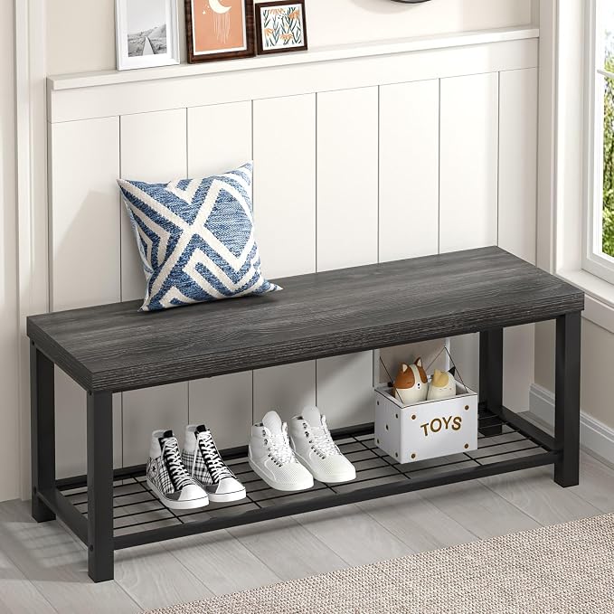 FOLUBAN Shoe Storage Bench, Modern Entryway Bench with Metal Shelf, Industrial Indoor Shoe Bench Seat for Bedroom, Hallway, Living Room, Dark Gray, 47 Inch by FOLUBAN