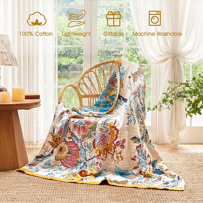 Boho Throw Blanket - 90"x108" 100% Cotton Ultra Soft Lightweight Spring Blanket, 4-Layer Breathable Muslin Blankets for Bed Couch, Reversible Green Floral Butterfly Printed Bohemian Quilt