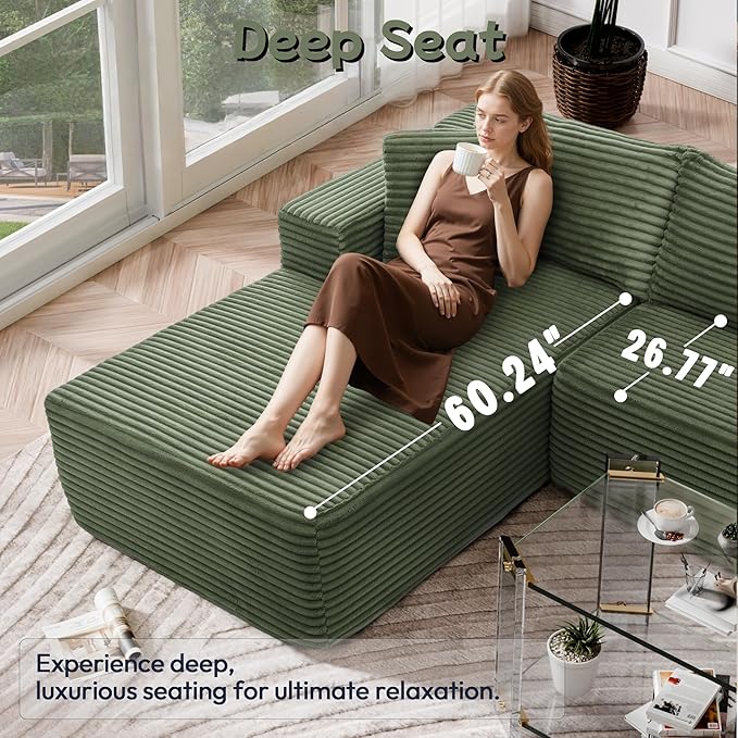 Cloud Sectional Couch, 105” Fluffy Modular L-Shape Sofa with Right Chaise Lounge, Modular Sectional Sofa in a Box, Boneless Couch for Living Room, No Assembly Required, Flannel Green