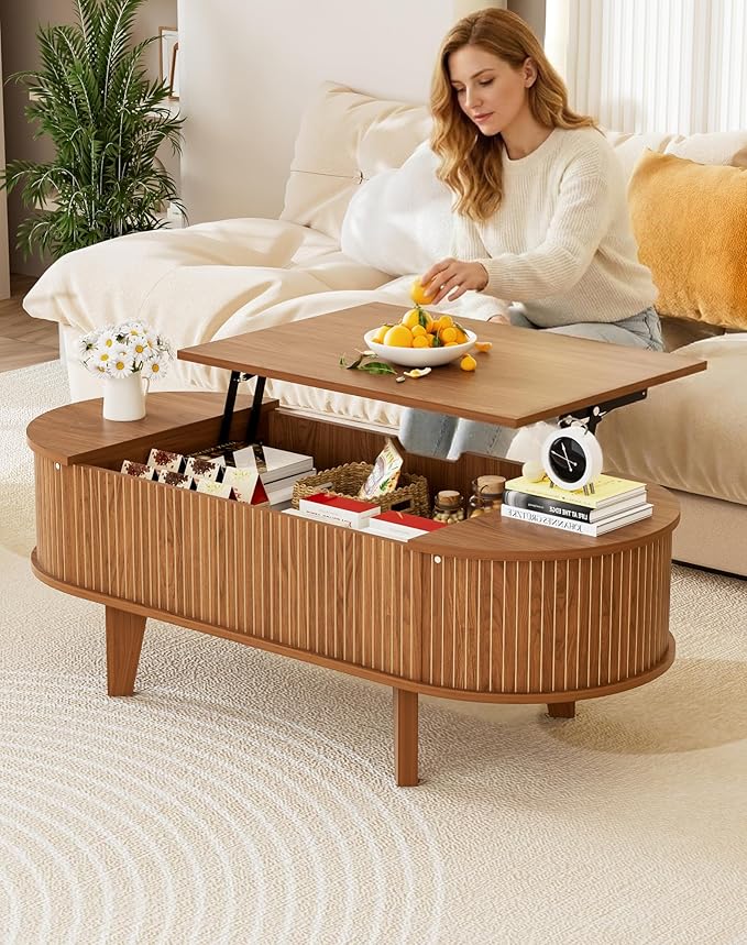 47.2" Lift Top Coffee Table with Storage, Oval Wood Fluted Coffee Table for Living Room, Mid Century Modern Center Table with Flip-Top Design, Walnut