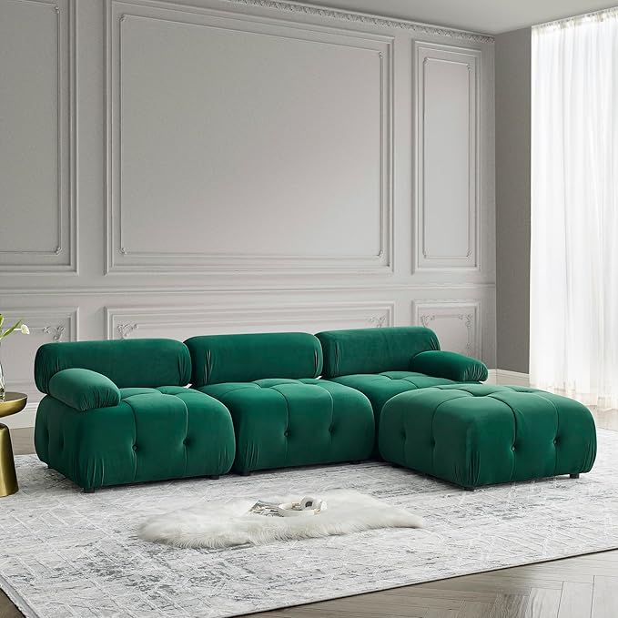 Modular Sectional Sofa with Reversible Ottoman,L Shaped Couch with Button Tufted Designed and Free Combination,Easy to Install,for Living Apartment,Office,Green