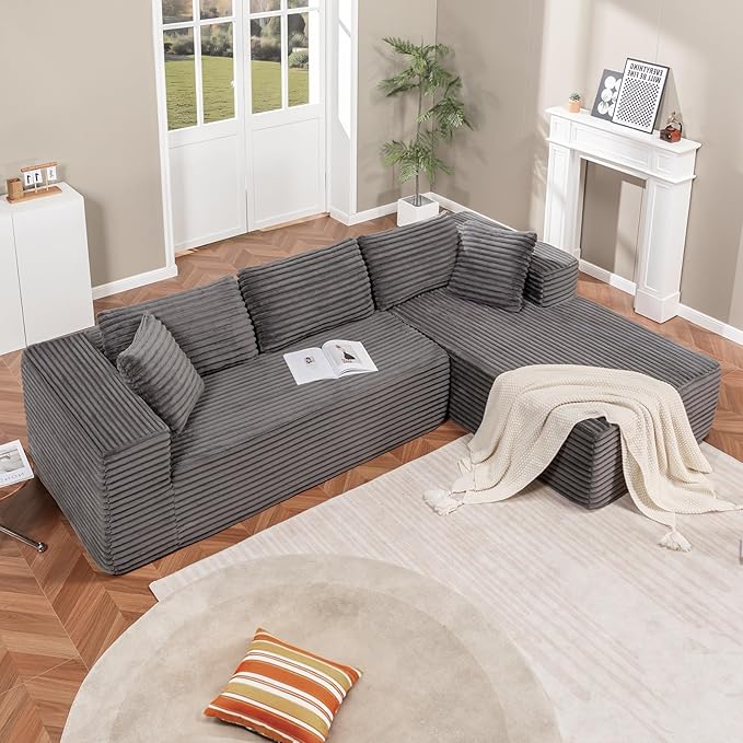 LUCKLIFE Modular Sectional Couch with L-Shape Chaise,Corduroy Upholstery Boneless Couches for Living Room,Oversized Sleeper Sofa,No Assembly Required (Grey, L Shape with Right Facing Chaise)