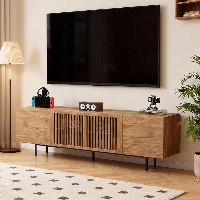 70.87" Mid-Century Modern TV Stand, Entertainment Center with 4 Storage Cabinets, Media Console Table for Living Room & Bedroom,Walnut - Image 7