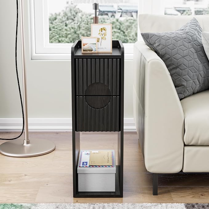 Black Night Stand Set of 2, Narrow Nightstand with Drawers, Small Bedside Table, Skinny Bed Side Table, Modern Nightstand for Bedroom, Living Room, Wood, Fluted, Black - Image 2