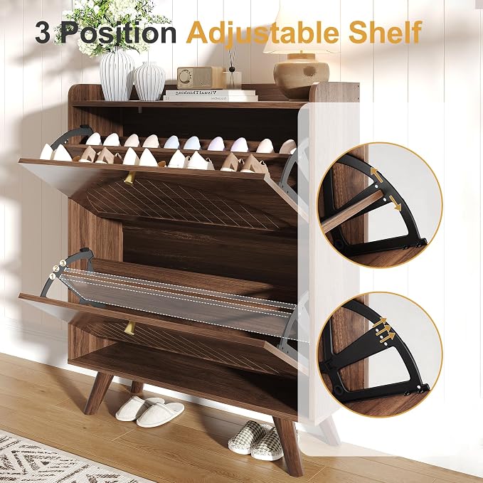 Decofy 37.6” Shoe Cabinet with 2 flip-Down Drawers, Three Adjustable Levels, Suitable for entryway, Hallway, and Living Room (Walnut) - Image 3