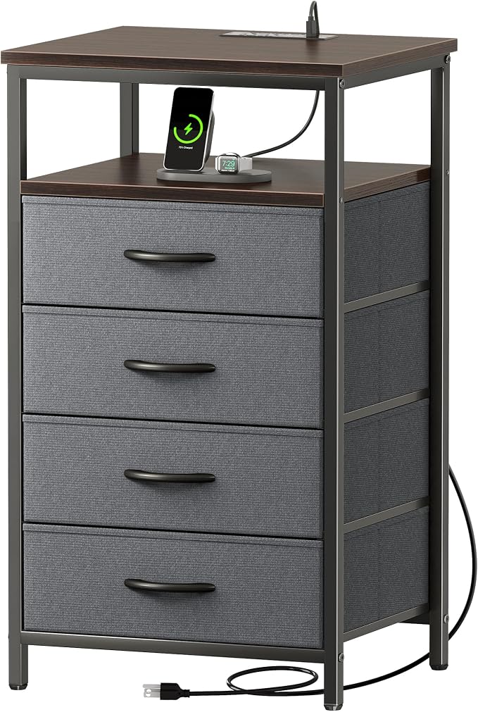Huuger Night Stand with Charging Station, 4 Drawer Dresser for Bedroom, Bedside Table, 33.9 Inch Tall Nightstand with Open Shelf, End Table, for Closet, Entryway, Bedroom, Walnut by Huuger