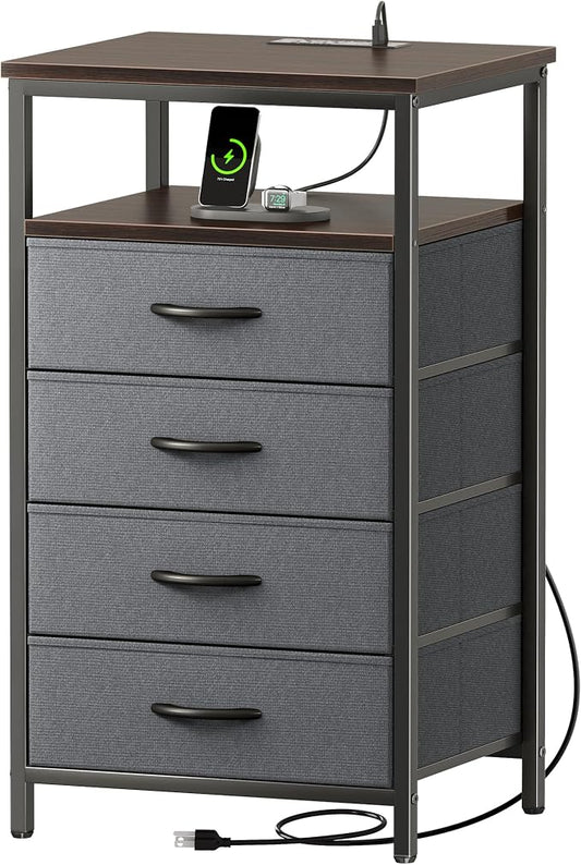 Huuger Night Stand with Charging Station, 4 Drawer Dresser for Bedroom, Bedside Table, 33.9 Inch Tall Nightstand with Open Shelf, End Table, for Closet, Entryway, Bedroom, Walnut by Huuger