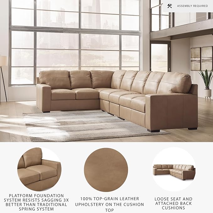 Signature Design by Ashley Bandon Modern Leather Match Left-Arm Facing 4-Piece Sectional with Removable Cushions and Armrest, Light Brown