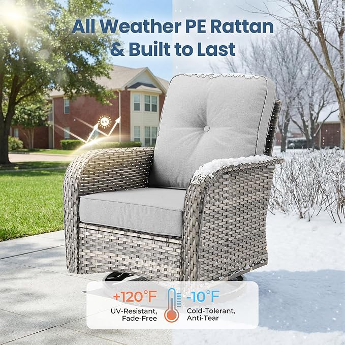 Weaxty Outdoor Swivel Rocker Patio Chairs, 3 Pieces Patio Furniture Set with Rocking Chair and Wicker Side Table, Outdoor Furniture Conversation Set for Porch, Deck, Yard, Balcony, Light Gray
