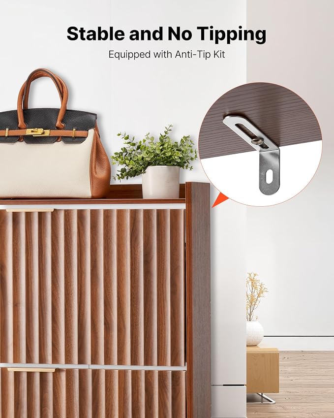VEVOR Shoe Cabinet with 2 Flip Drawers, Mid-Century Shoes Storage Cabinet with Anti-Tipping Device, Freestanding Fluted Shoe Organizer, Ideal for Entrance, Hallway, Bedroom, Living Room, Walnut - Image 8
