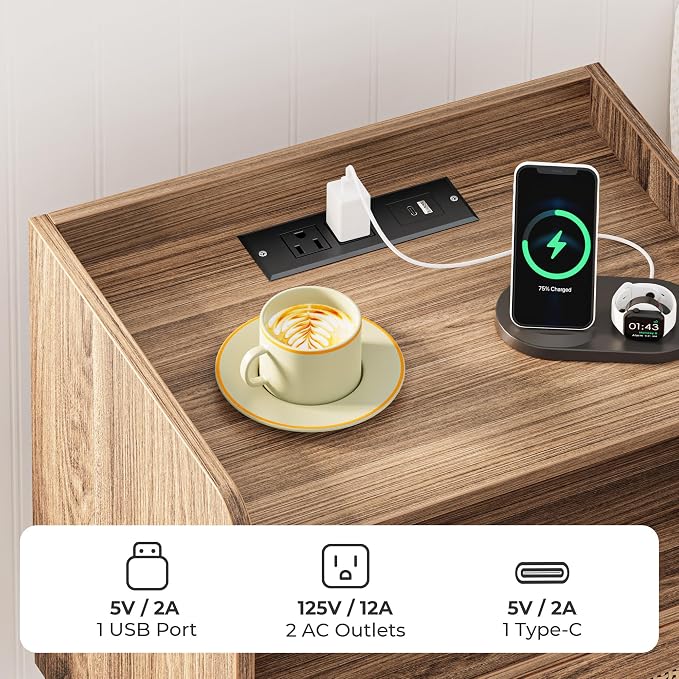 SUPERJARE Nightstand with Charging Station & Rattan-Like Decor Drawer, Rattan End Table with Solid Wood Feet, Bed Side Table with Open Storage, for Bedroom, Living Room, Dormitory, Walnut - Image 4