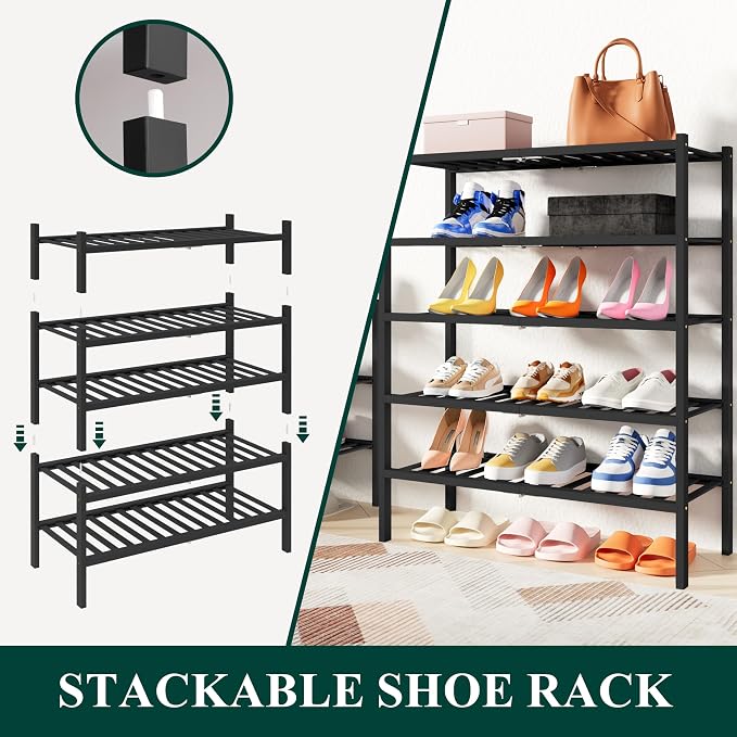 Smiry Shoe Rack, 5 Tier Thick Small Bamboo Shoe Organizer, Stackable Free Standing Wooden Shoe Storage Shelf for Closet, Entryway, Front Door Entrance, Black - Image 3
