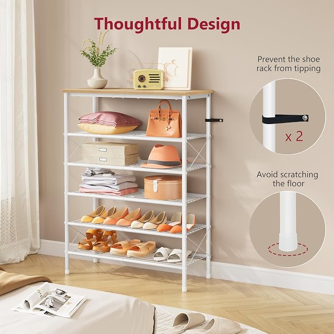 Tajsoon 6 Tier Shoe Rack Organizer for 20-24 Pairs of Shoes, Metal Mesh Shoe Shelf for Closet, Industrial Shoe Rack for Entryway Shoe Storage with X Shape Fixed Frame, White & Log - Image 7