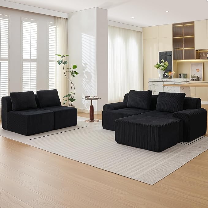 Modular Sectional Sofa, Boneless Couches for Living Room, Corduroy Couch, Big Comfy Couch, Modular Cloud Sofa with Deep Seat (Black, 5 Pieces-Side Shape)