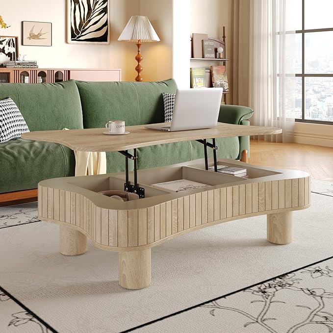 42.52'' Cloud Coffee Table with Lifting Top for Living Room Irregular Coffee Table with Storage Modern Low Cute Wooden Fluted Center Tables Pull Up Tables Grey