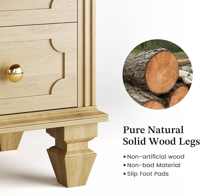 FREDEES 28'' Wide Night Stand with 2 Drawers, Smart Bedside Table with Outlet & Charger Station, Large Nightstand with 3 LED Lights, Farmhouse Solid Wood Leg for Bedroom, Natural Wood - Image 4