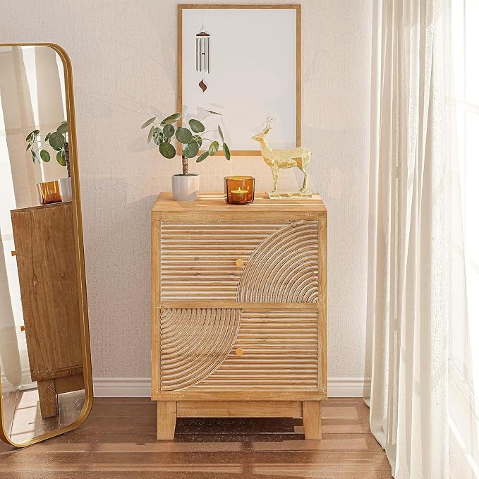 COZAYH Set of 2 2-Drawer Farmhouse Nightstand, Mid Century Nightstand Fully Assembled with Handcrafted Wood Ring Pattern for Boho, Mid-Century, Rustic Style, Natural Wood - Image 9