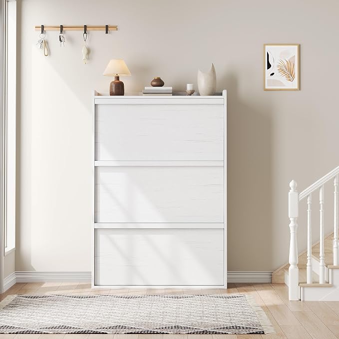 GarveeHome Shoe Cabinet with 3 Flip Drawers, Wooden Shoe Organizer with Adjustable Shelf, Shoe Storage for Entryway, Hidden Shoe Cabinet for Hallway, Living Room, White - Image 3