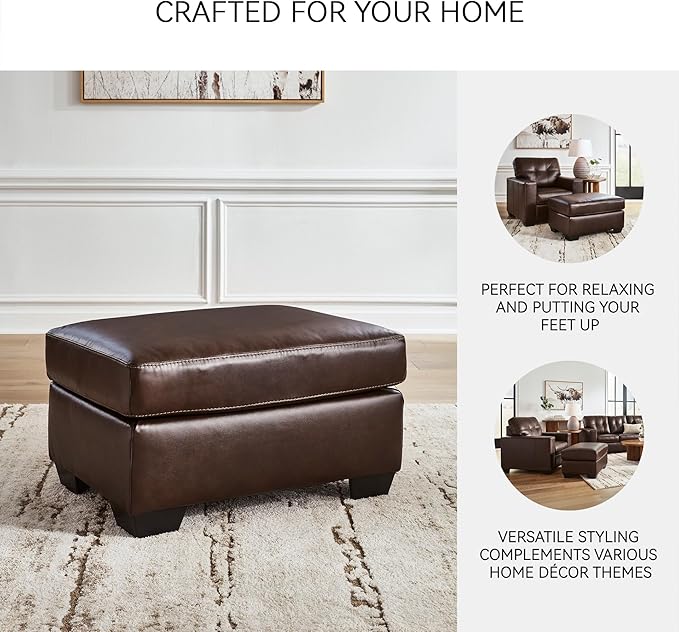 Signature Design by Ashley Santorine Classic Leather Match Rectangular Ottoman for Living Room, Dark Brown