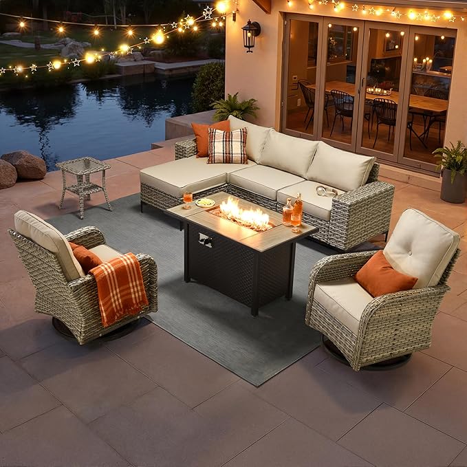 HOOOWOOO Outdoor Sectional Furniture Set with Fire Pit Table,8 Pieces Wicker Patio Conversation Sets,L Shape All Weather Outside Couch Sofa Set with Swivel Chairs Side Table Ottoman,Beige