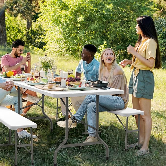 VINGLI Picnic Table Set with 2 Benches, 6 Feet Camping Table Chair Set,3-Piece Folding Furniture for Indoor or Outdoor Use, Smooth Tabletop, White - Image 9