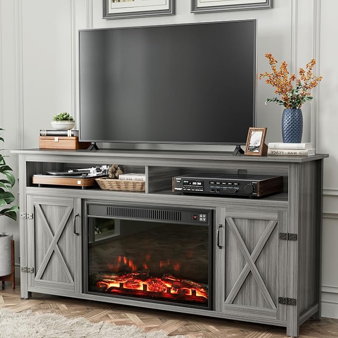 YESHOMY Fireplace TV Stand for Television up to 65+ Inch with Storage and Farmhouse Barn Doors, Entertainment Center with Cabinet and Shelves, Media Console for Living Room, Gray Wash by SearchallYESHOMY