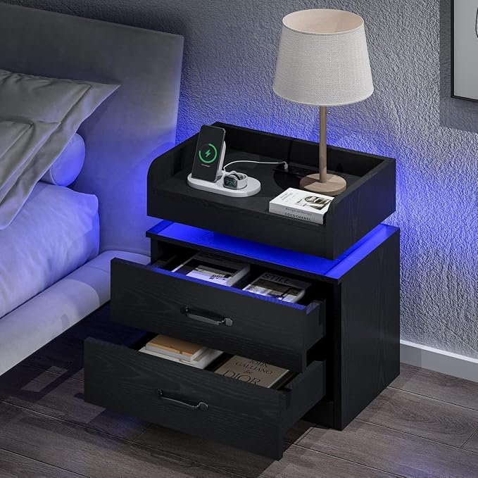 4ever2buy Black Night Stand with LED Lights and Charging Station Modern Bedside Table with Storage Drawers End Table for Bedroom by 4ever2buy