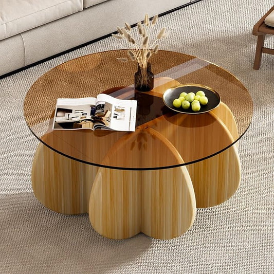31.5'' Round Coffee Table with Tempered Glass Top, Modern Center Table for Small Spaces - Sturdy Walnut Board Frame, Simple Design for Living Room, Home, Office - Easy Assembly. (Walnut + Brown)