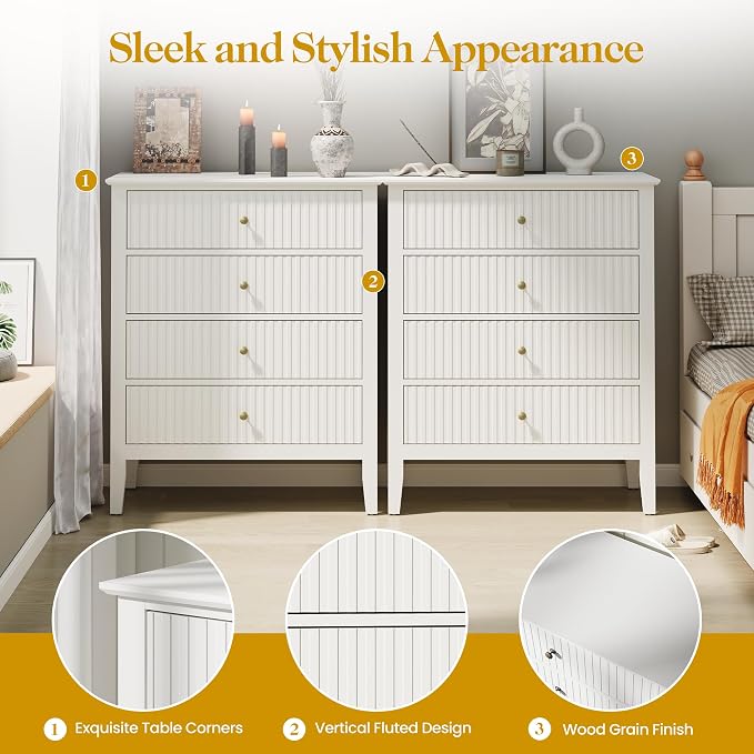 RoyalCraft White Fluted 4 Drawer Dresser Set of 2 for Bedroom, Modern Chest of Drawers, Wood Dresser for Storage Clothes, Wooden Storage Cabinet Nightstand for Bedroom, Hallway, Living Room, Entryway - Image 4