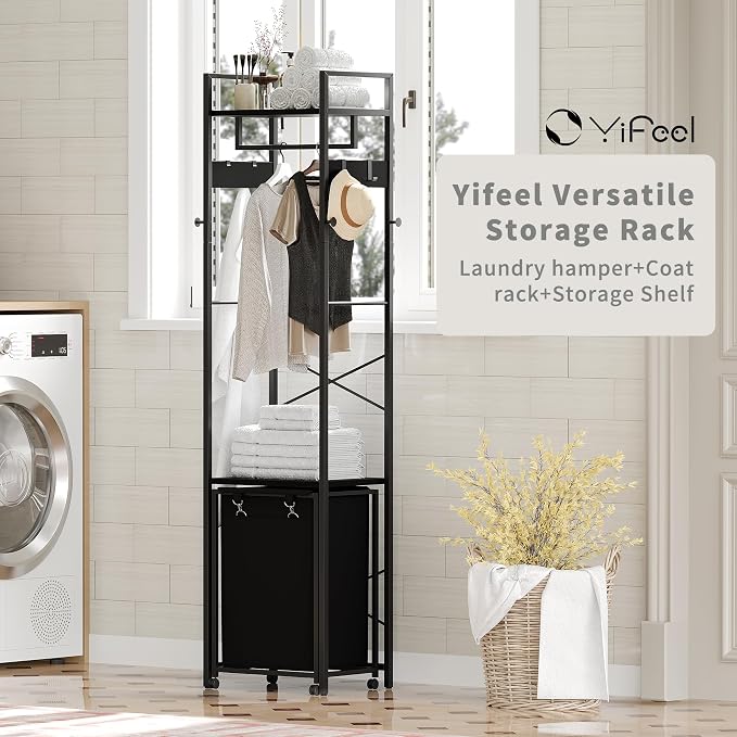 Coat Rack with Laundry Basket, Laundry Hamper Freestanding Hall Tree, Clothes Rack with Storage Shelves, 14.5 Gal Removable Bags on Wheels, Black JLH005B - Image 9
