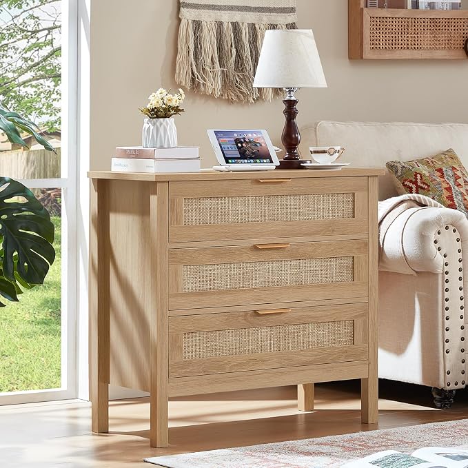 LEYAOYAO 31.5" Wide Rattan Nightstands Set of 2 with Charger Station, Large Boho 3 Drawer Night Stand, Natural Wood Bedside Table with Storage, Bed Side End Tables for Bedroom, Living Room, Hallway - Image 3