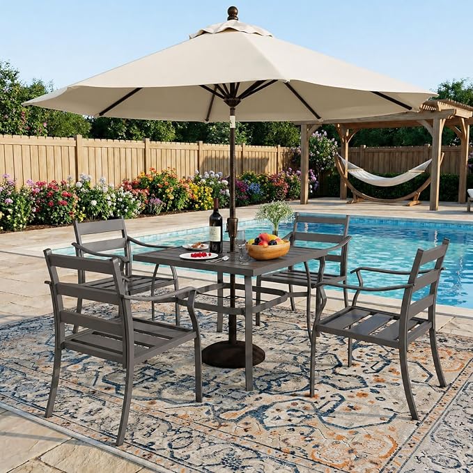 EROMMY 5-Piece Outdoor Patio Dining Set, 4 Metal Slat Chairs & Square Table with Umbrella Hole, All-Weather Patio Furniture for Backyard, Deck and Garden by EROMMY