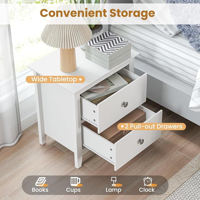 KOMFOTT 2 Drawers Nightstand Set of 2, Wooden Bedside Table, Modern Sofa Side End Table, Compact Side Table for Bedroom, White - Image 6