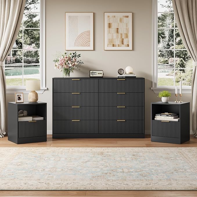 8 Drawer Dresser & Nightstand Set 3-Piece, 55” Wide Bedroom Dresser Set Night Stand Set of 2 with Metal Handle, Fluted Modern Wood Chest of Drawers Storage Dressers Set for Bedroom, Black