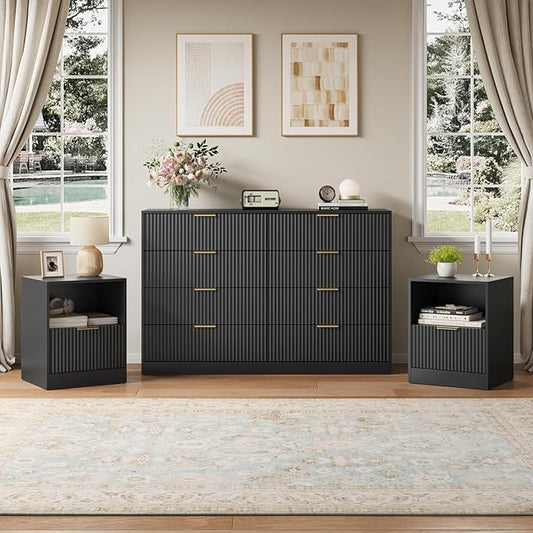8 Drawer Dresser & Nightstand Set 3-Piece, 55” Wide Bedroom Dresser Set Night Stand Set of 2 with Metal Handle, Fluted Modern Wood Chest of Drawers Storage Dressers Set for Bedroom, Black