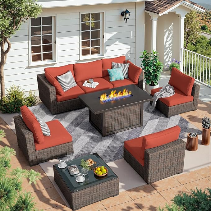 8 Piece Patio Furniture Set with Fire Pit Table All Weather PE Rattan Outdoor Sectional Sofa Couch with No-Slip Cushions and Glass Top Table for Garden, Poolside, Backyard (Red)