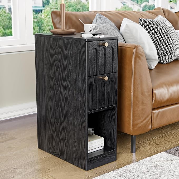 Black Small Nightstand Set of 2, Narrow Bedside Table with Arched Drawer, Wood Nightstand, Skinny Side End Table, Mid Century Modern Night Stand for Bedroom, Small Spaces, Slim, Boho - Image 6