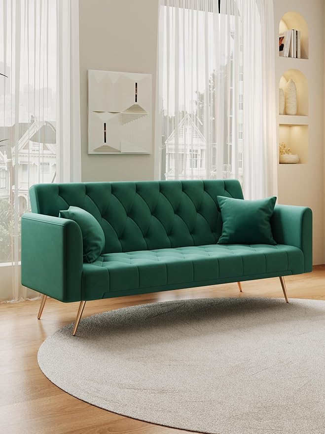 KEIKI 71 INCH Loveseat Sofa with Adjustable Backrest, Upholstered 2 Seater Velvet Couch for Living Room Bedroom Office Apartment, Green