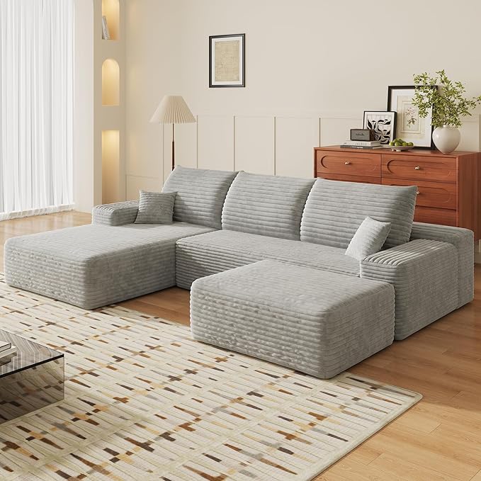 107" U Shaped Cloud Corduroy Couch with Ottoman, Comfy Sectional Boneless Couches for Living Room Bedroom, Deep Seat Sleeper Compression Sofa, No Assembly, Left Facing Chaise, Grey