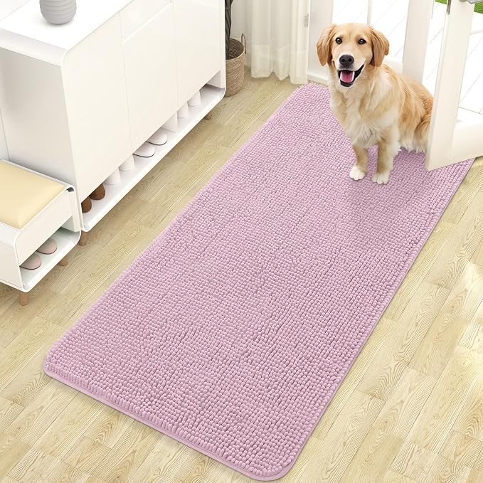 OLANLY Dog Door Mat for Muddy Paws 47x24, Absorbs Moisture and Dirt, Absorbent Non-Slip Washable Doormat, Quick Dry Chenille Mud Mat for Dogs, Entry Indoor Entryway Carpet for Inside Floor, Dusty Rose by OLANLY