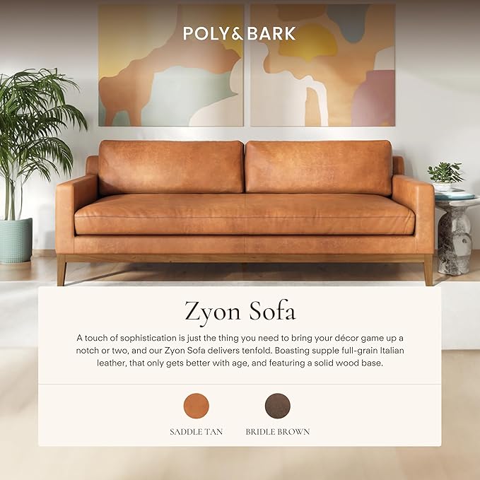 POLY & BARK Zyon 90" Sofa – Saddle Tan Full-Grain Pure-Aniline Italian Leather, Feather-Down Cushions, Solid Wood Base & Legs, Mid-Century Modern Design