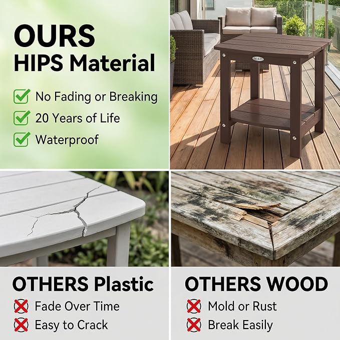 Y&M Outdoor Side Table, HIPS Adirondack Small Double Layer Table, Waterproof Square Outside Table, Balcony End Tables for Patio, Pool, Porch, Deck, Indoor or Outdoor Use, Coffee - Image 7