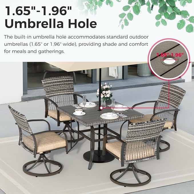 Pamapic 5-Piece Outdoor Dining Set with Swivel Chairs, Rattan Patio Furniture for Backyard, Deck, Garden, Weather-Resistant Iron Slats Table & 4 Chairs with Removable Cushions （Taupe） - Image 3