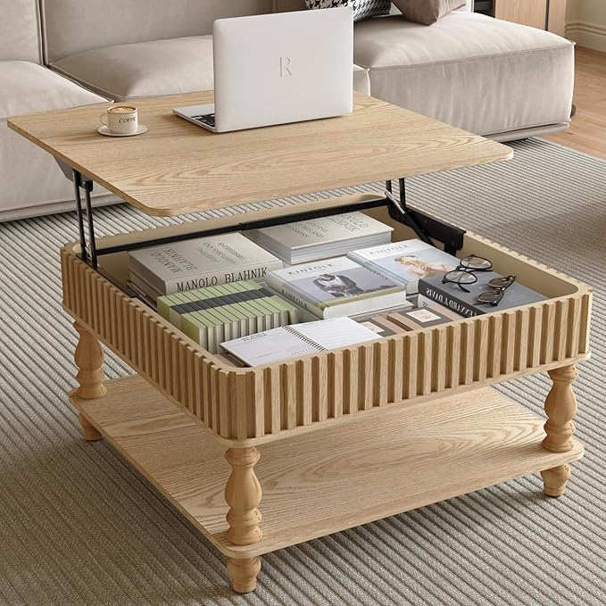 31.5" Square Lift Top Coffee Table with Storage Modern Fluted Coffee Tables with Lifting Top, Farmhouse Solid Wood Center Table with Table Legs for Living Room, Apartment or Office (Natural)