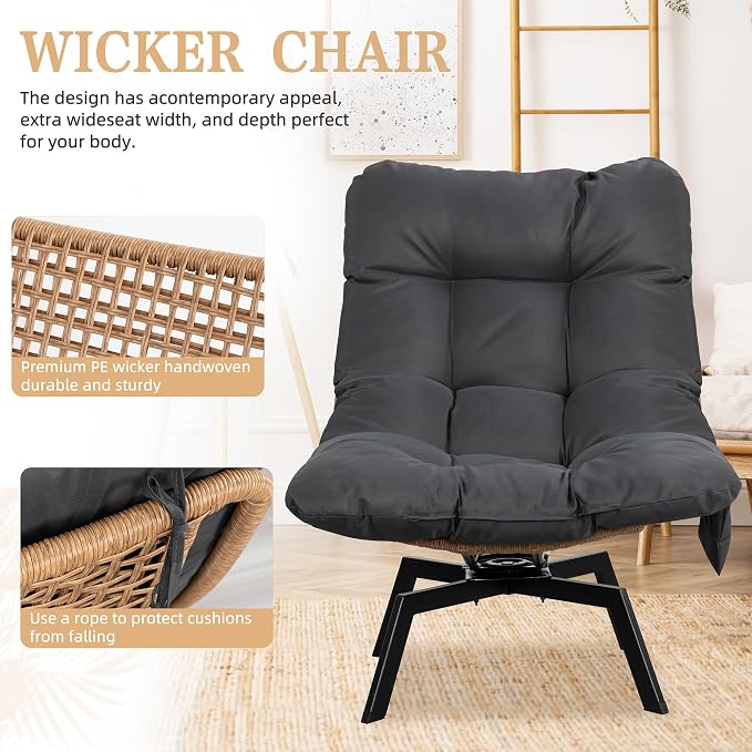 Vongrasig Swivel Wicker Chair PE Rattan Chair with Cushion, Oversized Patio Lounge Chair for Outdoor, Indoor, Balcony, Backyard, Garden, Living Room, Black - Image 6