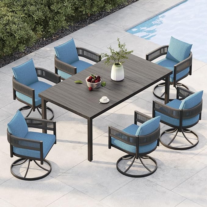 Grand patio Outdoor Dining Set for 6, 7 PCS Patio Table and Chairs Set, Metal Woven Wicker Swivel Patio Chairs with Thickened Cushions & 1 Rectangular Woodgrain Dining Table with Umbrella Hole (Brown) by GrandPatio