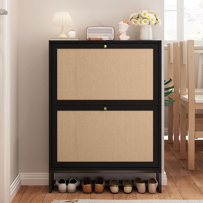 AVZEAR Narrow Shoe Cabinet with 2 Flip Drawer, Freestanding Shoe Organizer Shoe Cabinet Storage for Entryway, Slim Shoe Storage Shoe Rack for Closet with Linen Doors in Hallway, Living Room(Black) - Image 9