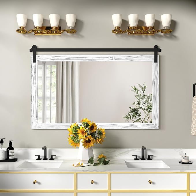 COGOOD Farmhouse Bathroom Mirror - 45 x 30 Large Rectangle Barn Door Mirror for Vanity, Bedroom, Living Room Wall Decor (White) by COGOOD